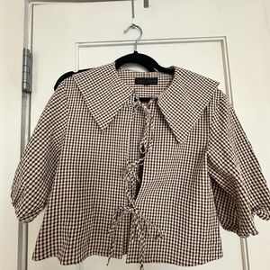 Zara Brown Checkered Blouse with Tie Front